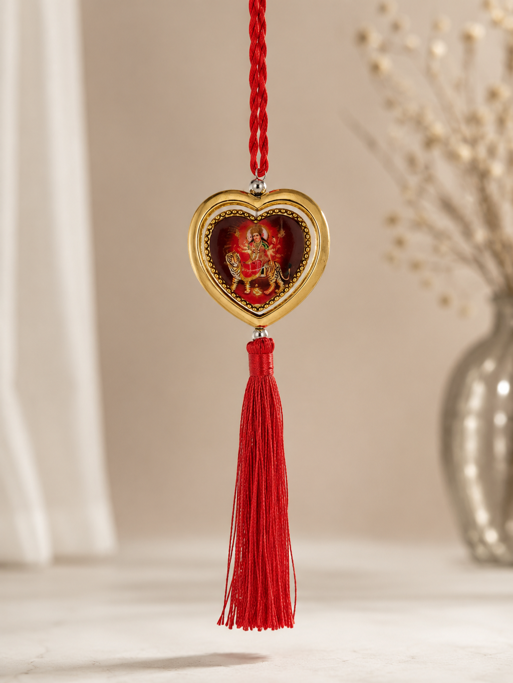 Maa Durga Heart Hanging Ornament | Red Tassel Car & Home Décor
