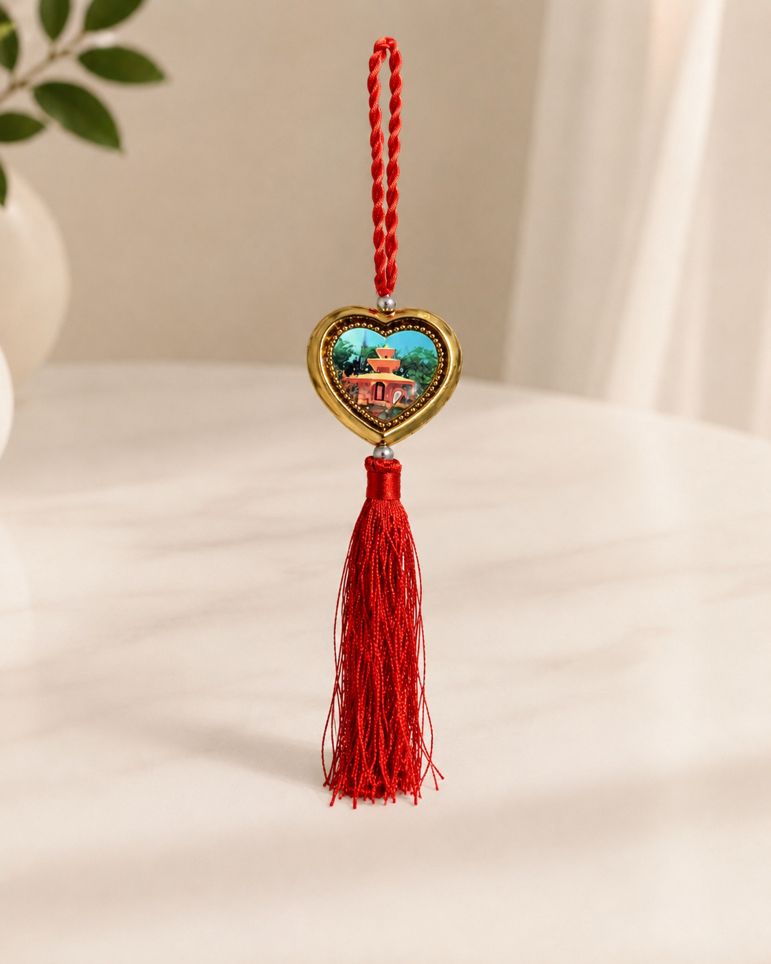 Maa Durga Heart Hanging Ornament | Red Tassel Car & Home Décor