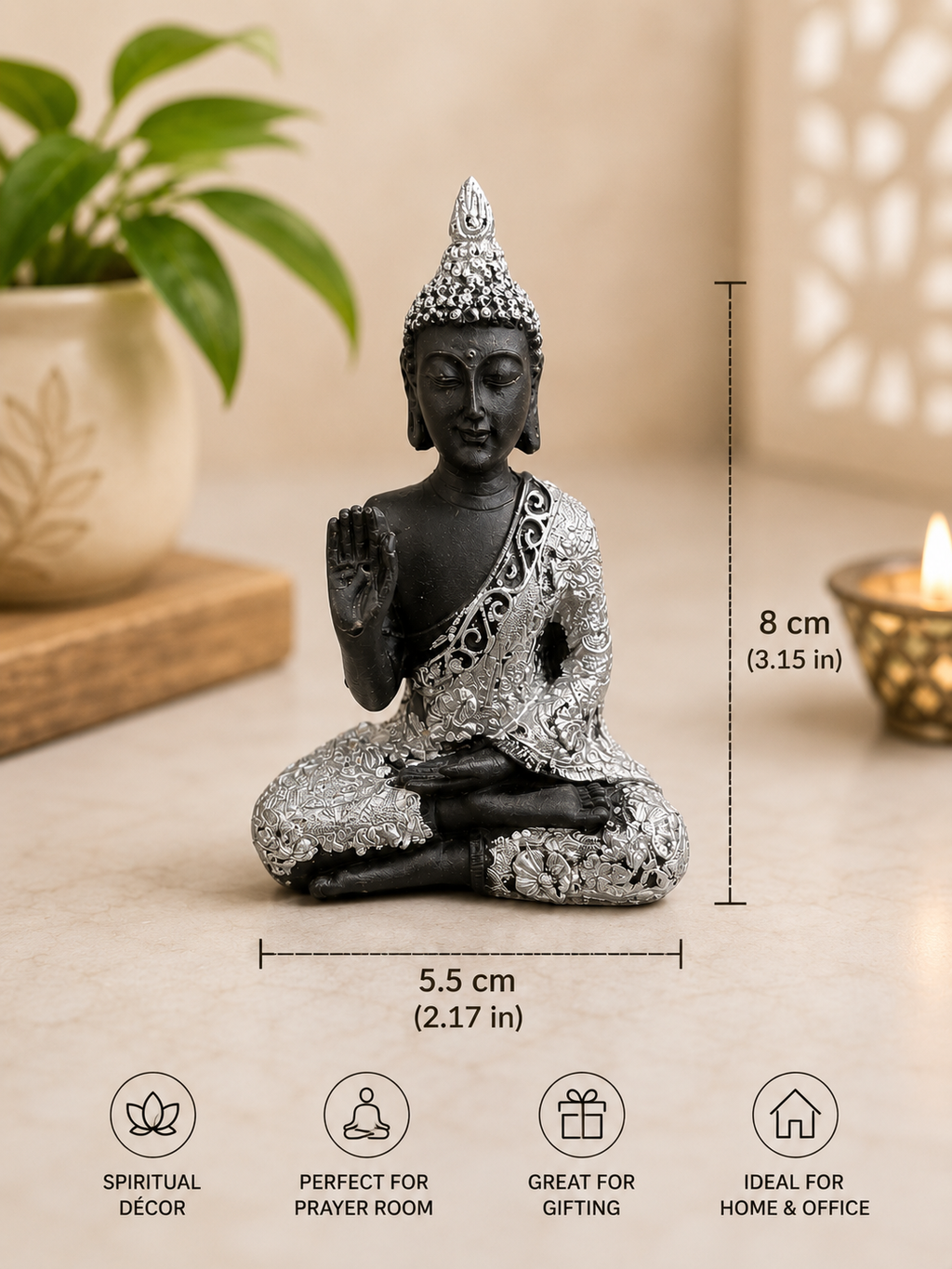 Silver Buddha Decorative Statue | Meditation & Prayer Room | Home & Car Décor