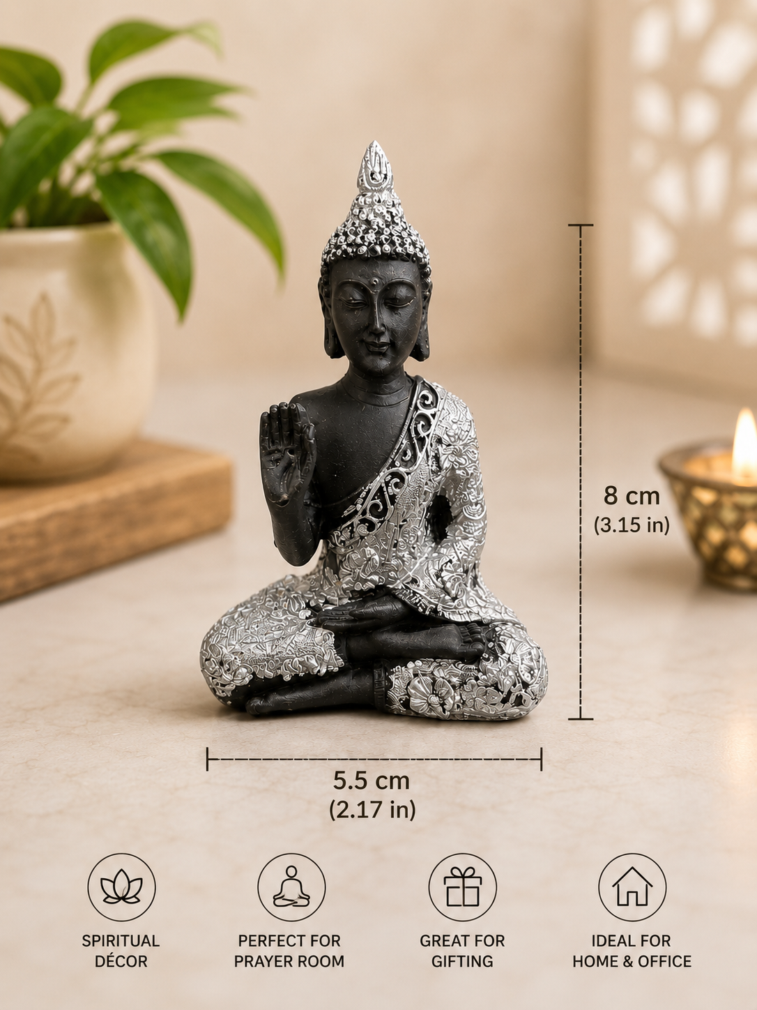 Silver Buddha Decorative Statue | Meditation & Prayer Room | Home & Car Décor