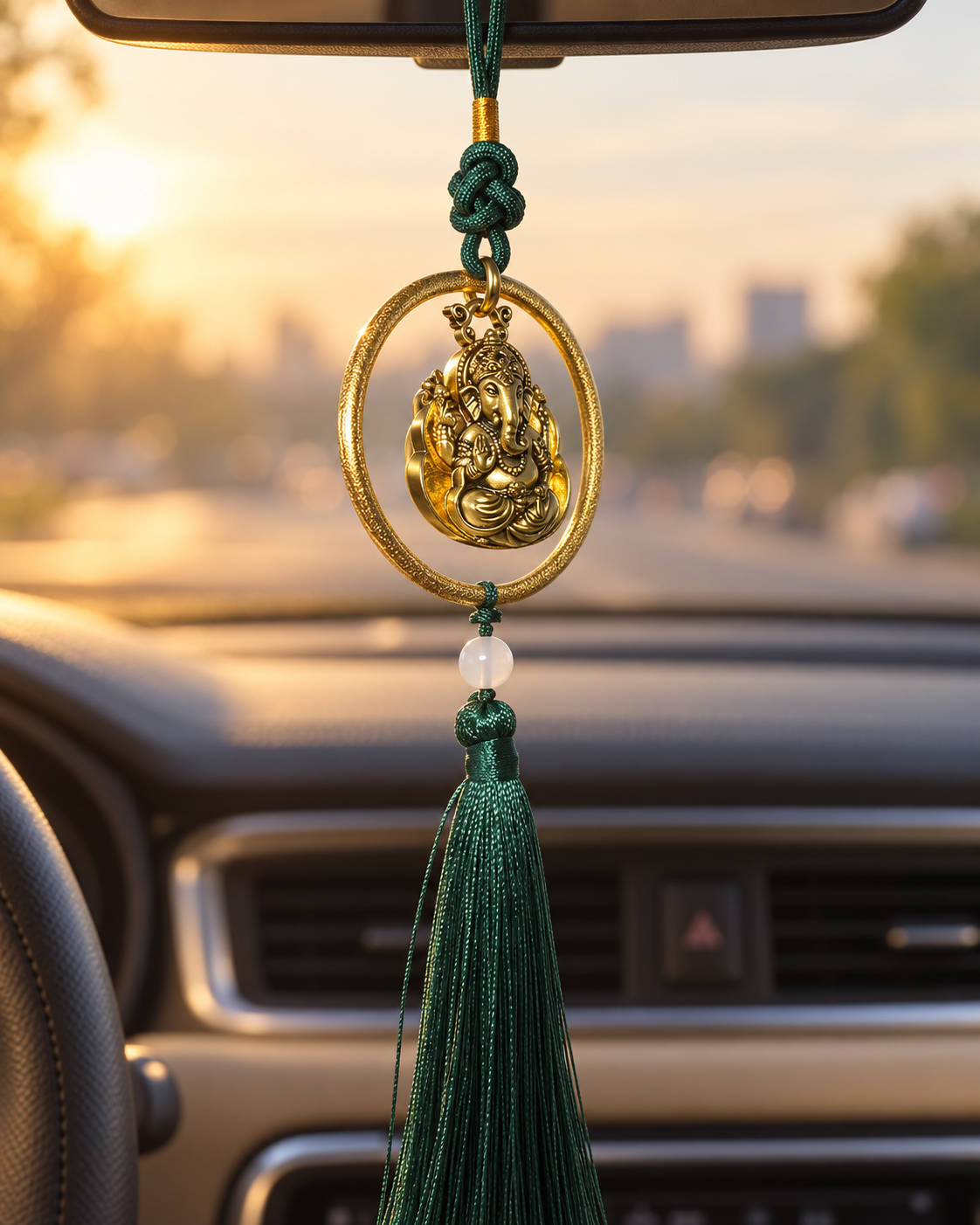 Ganesha Car & Home Hanging Ornament with Green Tassel