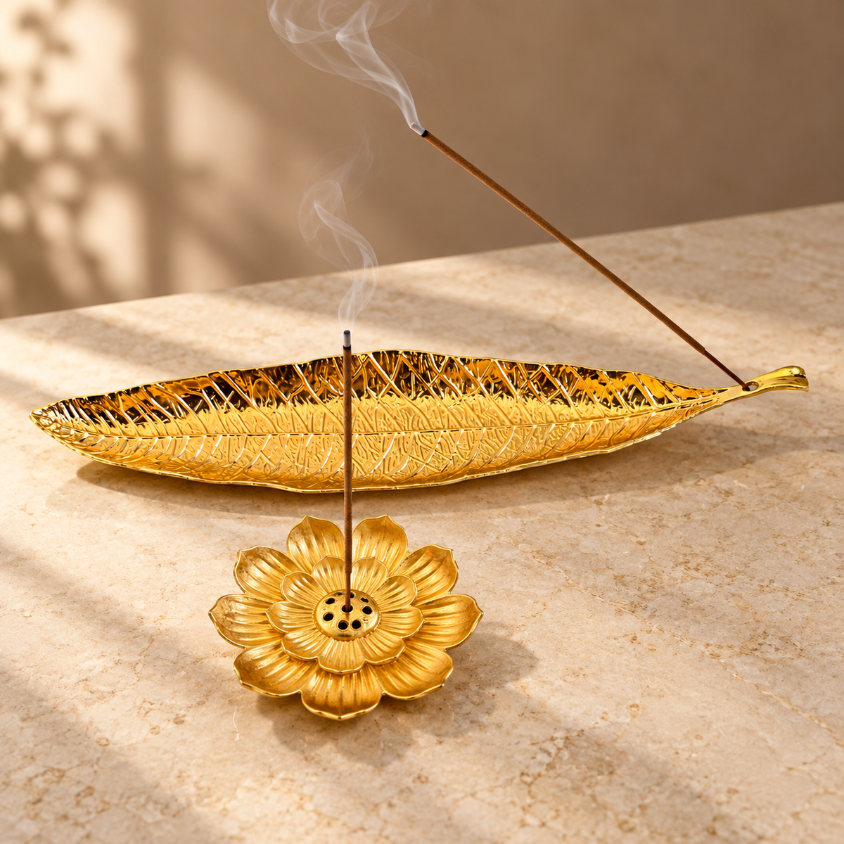 Gold Leaf & Lotus Incense Holder Set