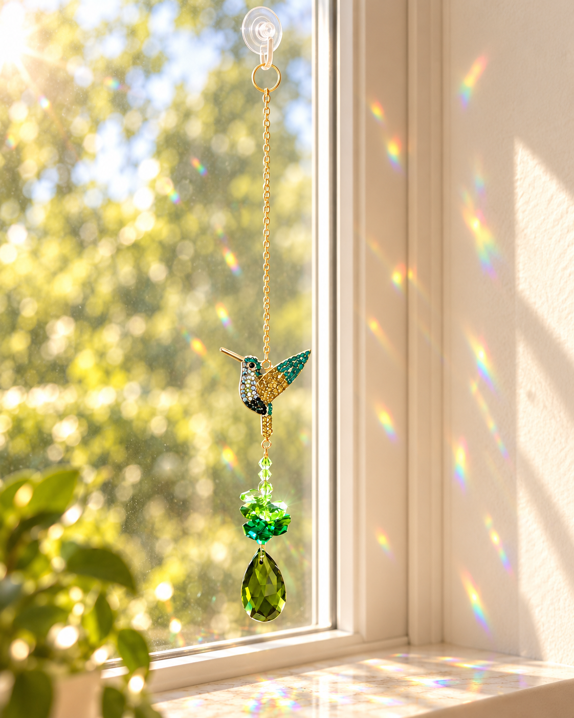 Green Hummingbird Crystal Suncatcher Window Hanging